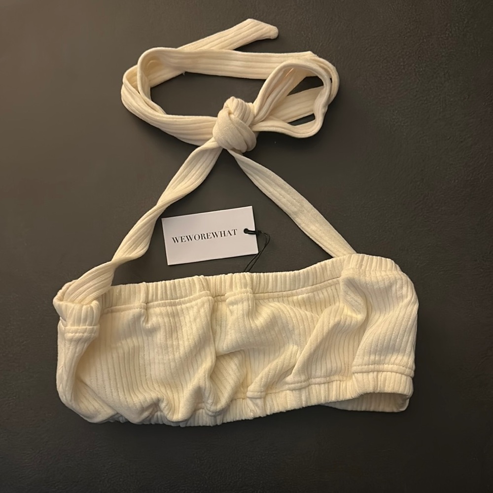 WeWoreWhat Ivory Ribbed Tie Halter Top